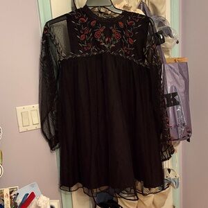 Zara Black Dress with Red Floral Embroidery